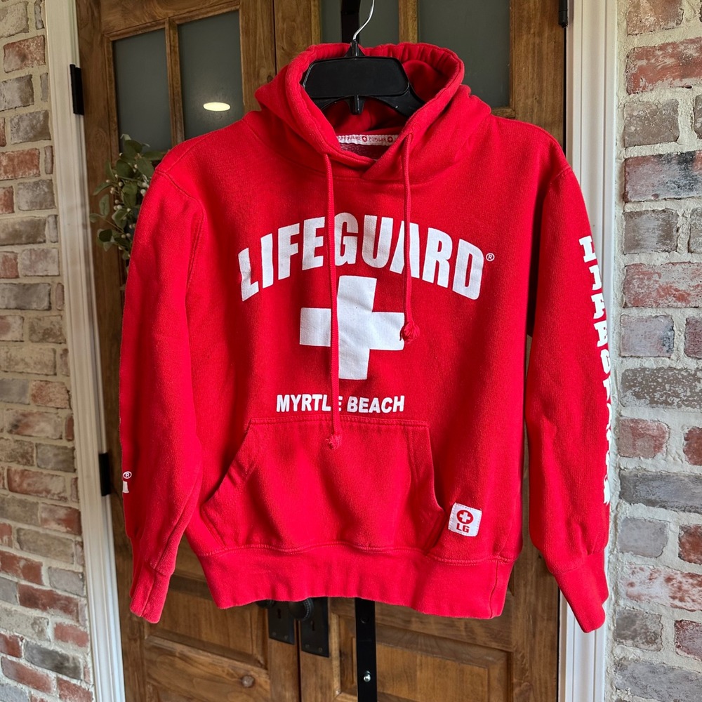 Lifeguard Hoodie Unisex Red Myrtle Beach Graphic Pullover Sweatshirt XS